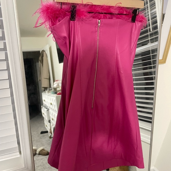 Boutique pink faux leather feather trimmed dress - Picture 2 of 6